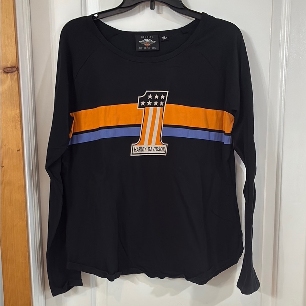 Harley-Davidson Black Long Sleeve Tee with Orange and Blue Stripes